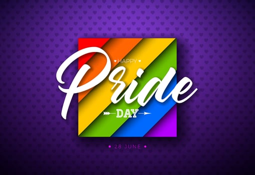 Happy Pride Day LGBTQ Illustration with Typography Lettering and Rainbow Color Pattern on Purple Background. 28 June Love is Love Human Rights or Diversity Concept. LGBT Event Banner Design for vector