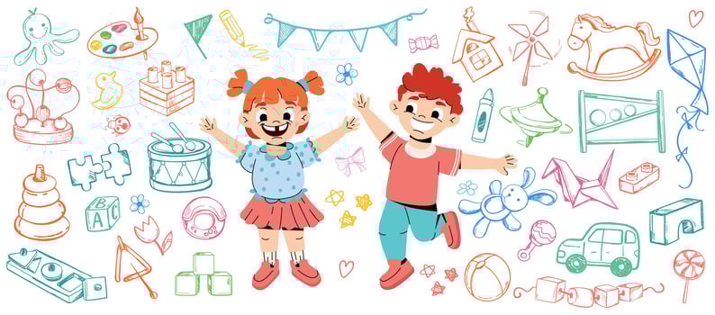 Daycare hand drawn doodle icon set. Funny cartoon kids in kindergarten play with wooden montessori toys. Happy baby girl and boy with color line art child toy, candy. Preschool activity and education. vector