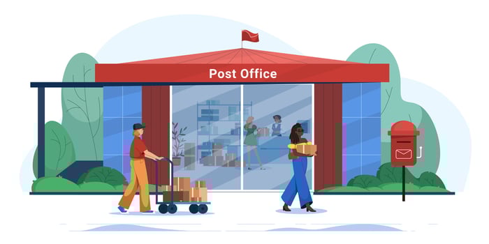 Flat post office building with customers. Mail delivery services. Postal worker at reception desk giving parcel and postman woman delivering cardboard boxes on trolley. People send letters or parcels. vector