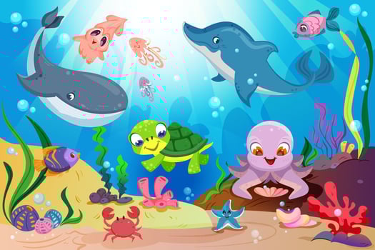 Underwater ocean life with cute sea animals, colorful tropical fish, whale, dolphin and coral reef with marine plants. Undersea landscape with funny turtle, octopus, starfish, squid and crab, seaweeds vector