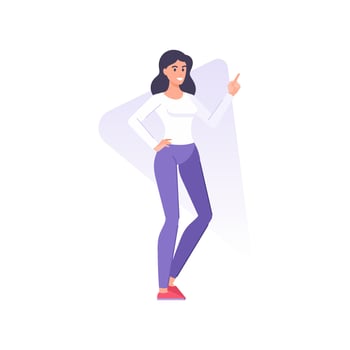 Happy young casual woman pointing forefinger idea gesture promo advertising flat illustration vector