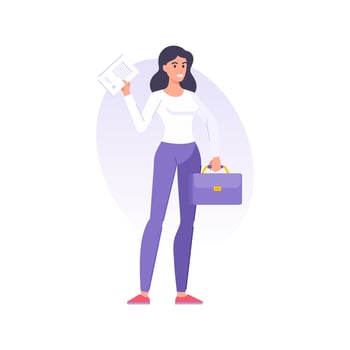 Cheerful successful business woman carrying formal partnership deal paper document with legal stamp vector
