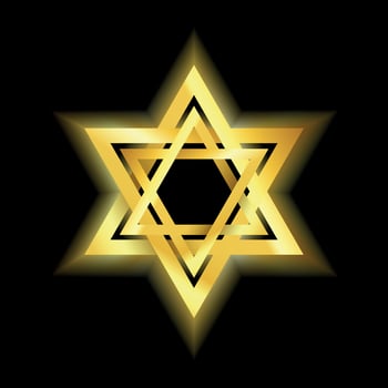 Glowing shiny gold Star of David on a black background illustration. Judaism sign. Six pointed star. Luxury design element, emblem, logo icon of the Jewish faith vector