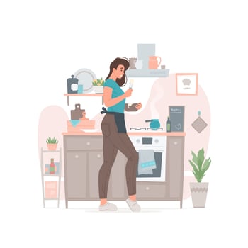 Young female cooking in kitchen at home vector