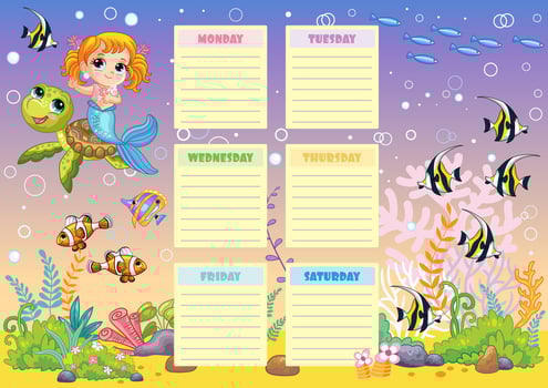 Kids school schedule weekly planner with cute mermaid vector