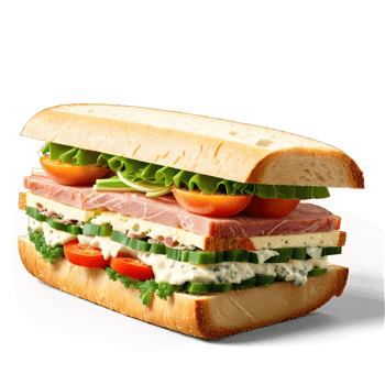 A savory and delicious sandwich in a wide, transparent glass dish, filled with meats, cheeses, and fresh png
