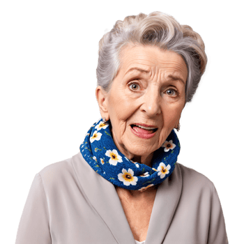 Elderly woman with a updo and a floral scarf cute face piercing eyes gasping mouth. Essence of diverse femininity. png