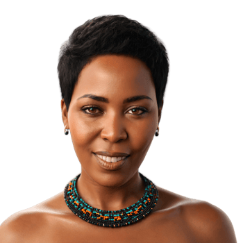 Middle aged African woman with short hair and tribal necklace plain face winking eyes breathing. Essence of diverse femininity. png