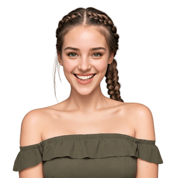 Young woman with side braid and off shoulder blouse adorable face winking eyes delighting mouth. Essence of diverse femininity. png