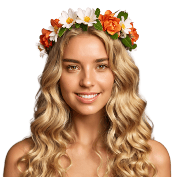 Young woman with long wavy blonde hair and a floral crown adorable face pleasing eyes. Essence of diverse femininity. png