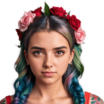 Young woman with unicorn hair and floral tattoo adorable face seething eyes grimacing mouth closeup. Essence of diverse femininity. png