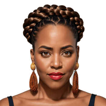 Middle aged African American woman with braided updo and statement earrings attractive face glaring eyes. Essence of diverse femininity. png