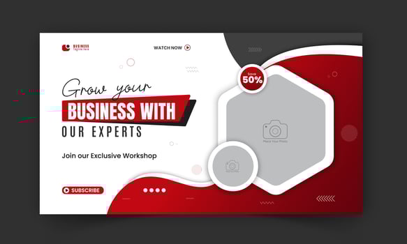 Modern and business workshop promotion thumbnail design, editable corporate, creative gaming live stream social media cover, web banner template with abstract red color shapes vector