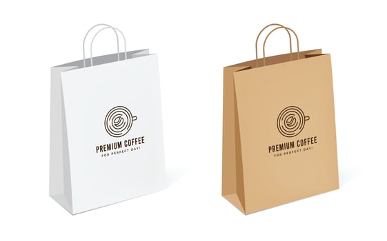 Paper bag 3D mockup with twisted handle and cafe logo design. Brown and white shopping bag packaging mockup vector