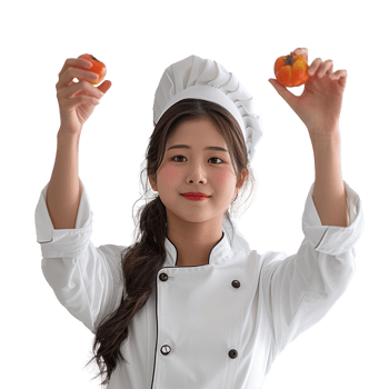 Young female chef holding tomatoes in a kitchen setting png