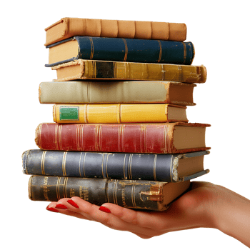 Female hand holding a stack of classic books png