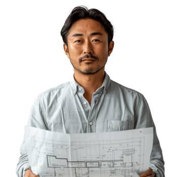Architect holding building plans with a serious expression png