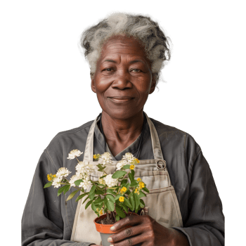 Senior woman gardener smiling while holding potted flowers png