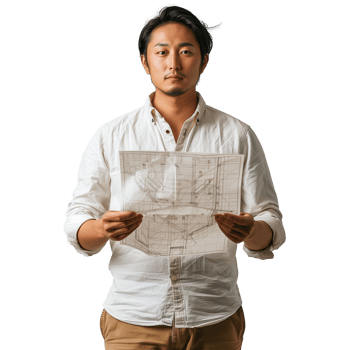 Young Asian architect holding blueprints on transparent background png