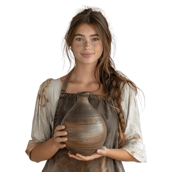 Young female artist holding a handmade ceramic vase png