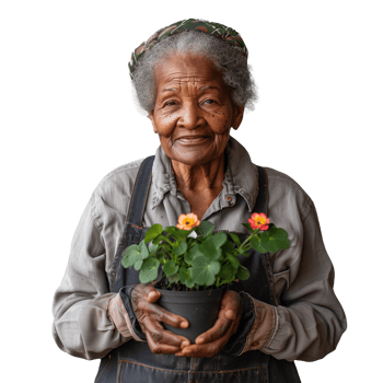 Elderly woman smiling while holding a potted plant png