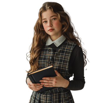 Young girl in plaid dress holding a book on a transparent background png