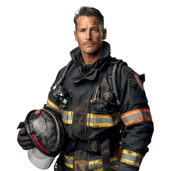Confident firefighter with helmet and gear on transparent background png