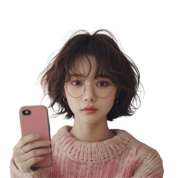 Young woman with round glasses holding a pink phone png
