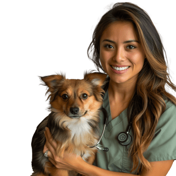 Smiling veterinarian holding a cute dog on a transparent background png
