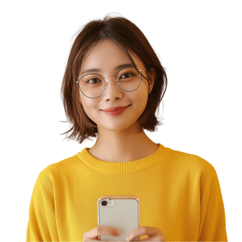 Young Asian woman in glasses using smartphone on transparent background png