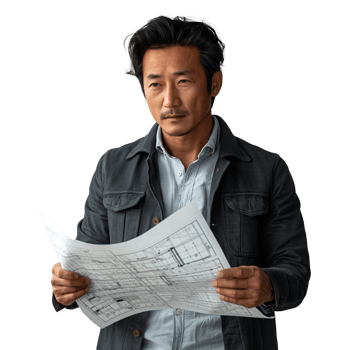 Asian architect reviewing blueprints, transparent background png