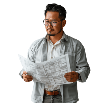 Architect reviewing blueprints with focused expression png