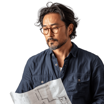 Mature architect reviewing blueprints on transparent background png