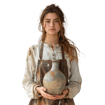 Young female artist holding a handmade ceramic vase png