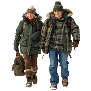 Senior couple enjoying a winter walk with snow gear png