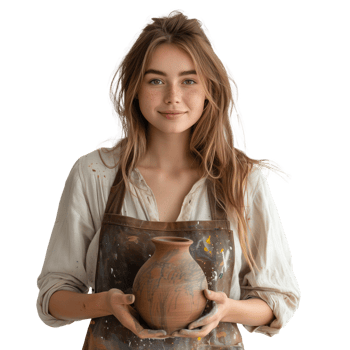 Young female potter holding handmade clay pot in studio png
