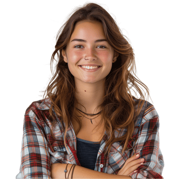 Young woman smiling with arms crossed on transparent background png