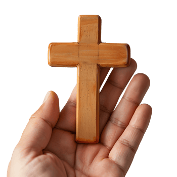 Hand holding a wooden cross on a transparent background png