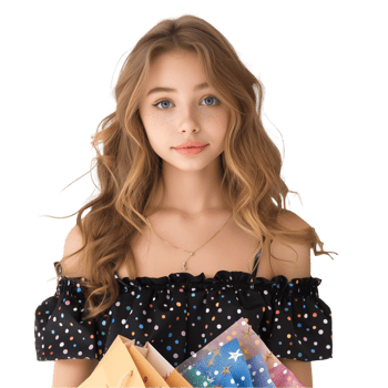 Young woman with blue eyes and curly hair holding envelopes png