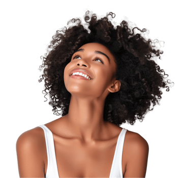 Joyful young woman with curly hair on transparent background png