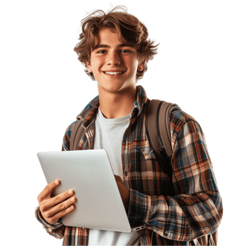 Happy teenage boy with tablet and backpack on transparent background png