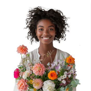 Joyful young woman holding a colorful bouquet of flowers png