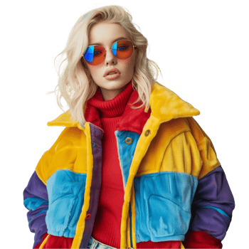 Stylish young woman in colorful winter jacket and sunglasses png