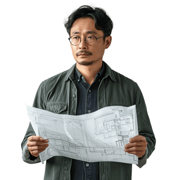 Concentrated architect reviewing intricate blueprints isolated png