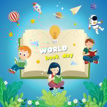 World book day childrens kids reading concentrate knowleadge imagination around nature cartoon illustration background design vector