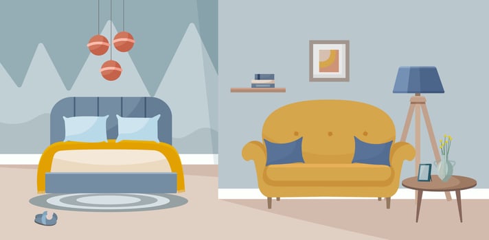 Cozy bedroom and living room. Bedroom and living room interior bed, carpet, sofa, floor lamp, paintings, books. Interior concept. Flat illustration. vector