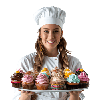 Smiling female chef presenting colorful cupcakes on a platter png