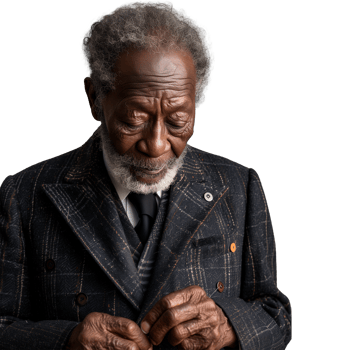 Elderly black man deep in thought in stylish suit, isolated png