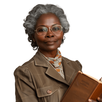 Elegant senior woman in glasses holding a book, isolated png