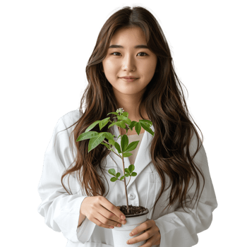 Young woman in white coat holding a green potted plant png